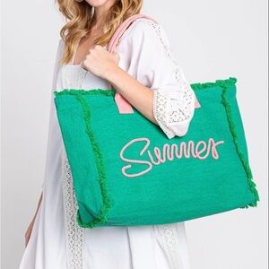 NWT Green and Pink Summer Fringe Tote Bag